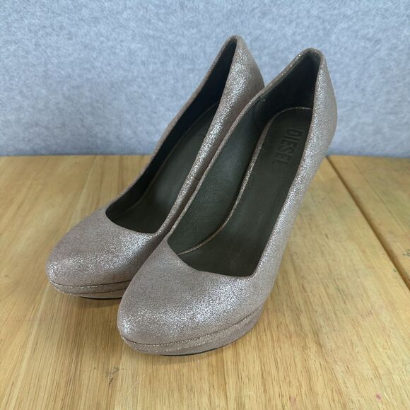 DIESEL Womens High Heels Sparkle Metallic Pink Slip On Career Pump Shoes US 7 38 - Picture 3 of 13